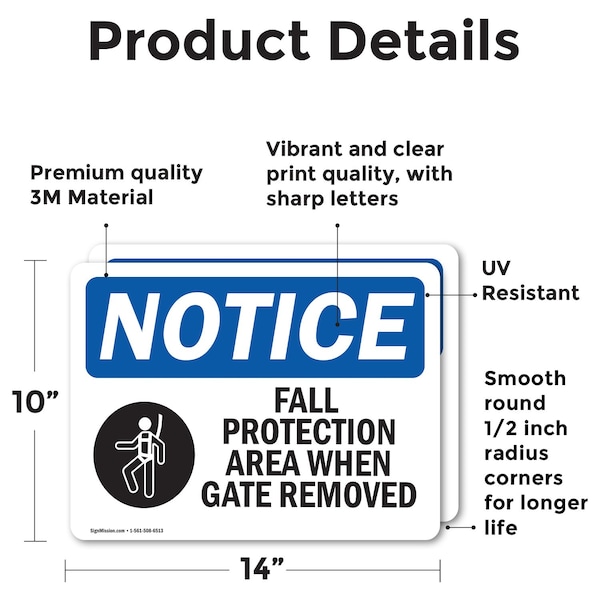 Fall Protection Area When Gate Removed Sign, Vinyl Decal, 14in W X 10in L, 2PK